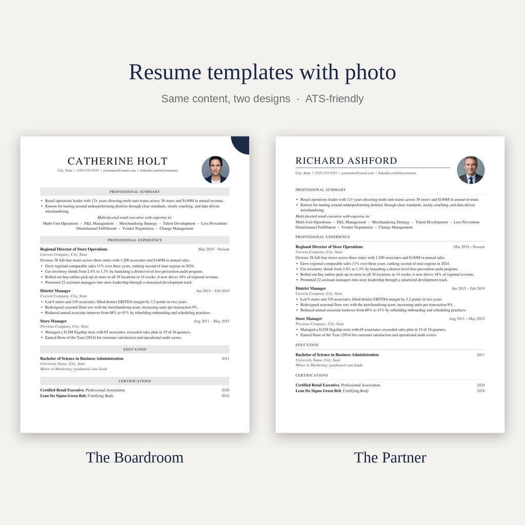 Boardroom and Partner resume templates with photo by Bold Margin