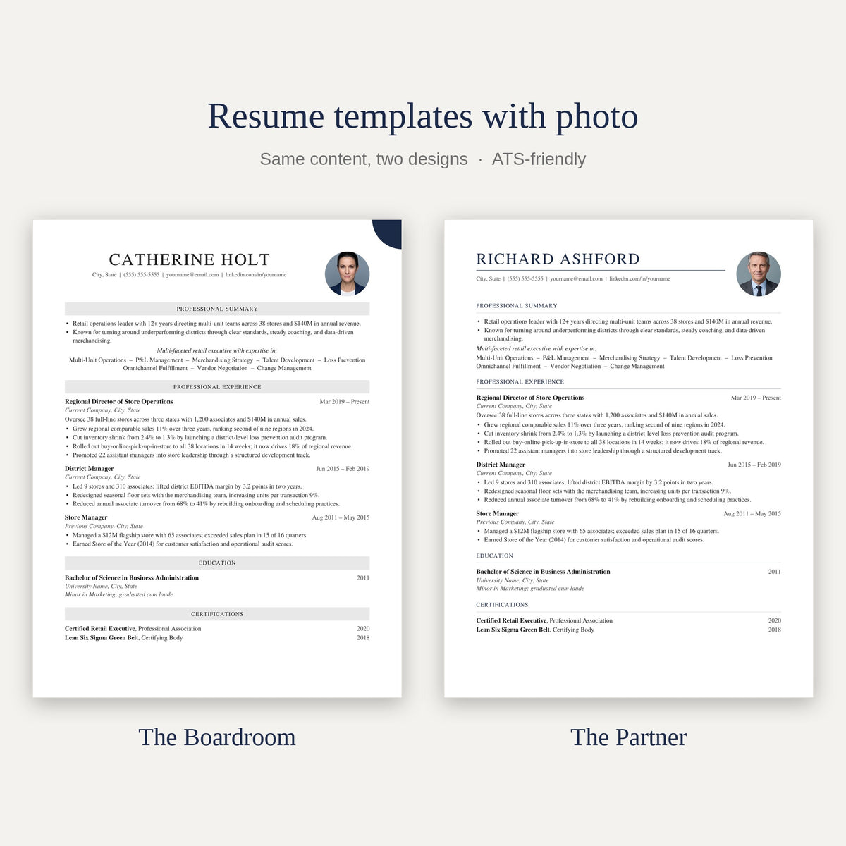 Boardroom and Partner resume templates with photo by Bold Margin