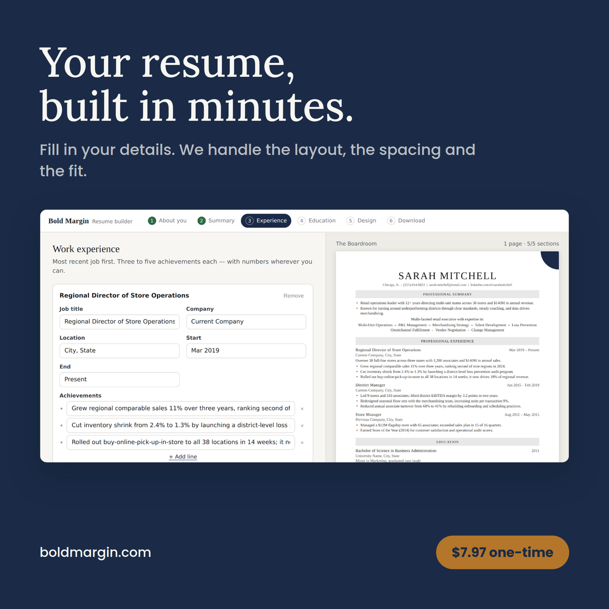 Bold Margin resume builder — your resume, built in minutes, $7.97 one-time