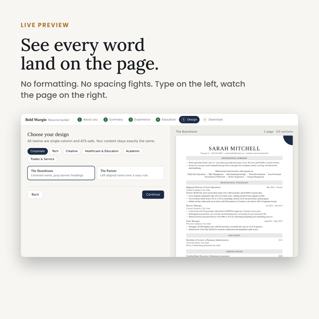 Live preview: choose from twelve ATS-safe designs while the resume updates beside you