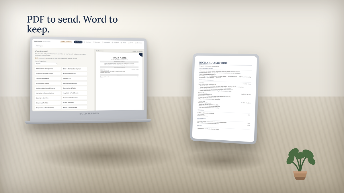 Bold Margin resume builder shown on laptop and phone